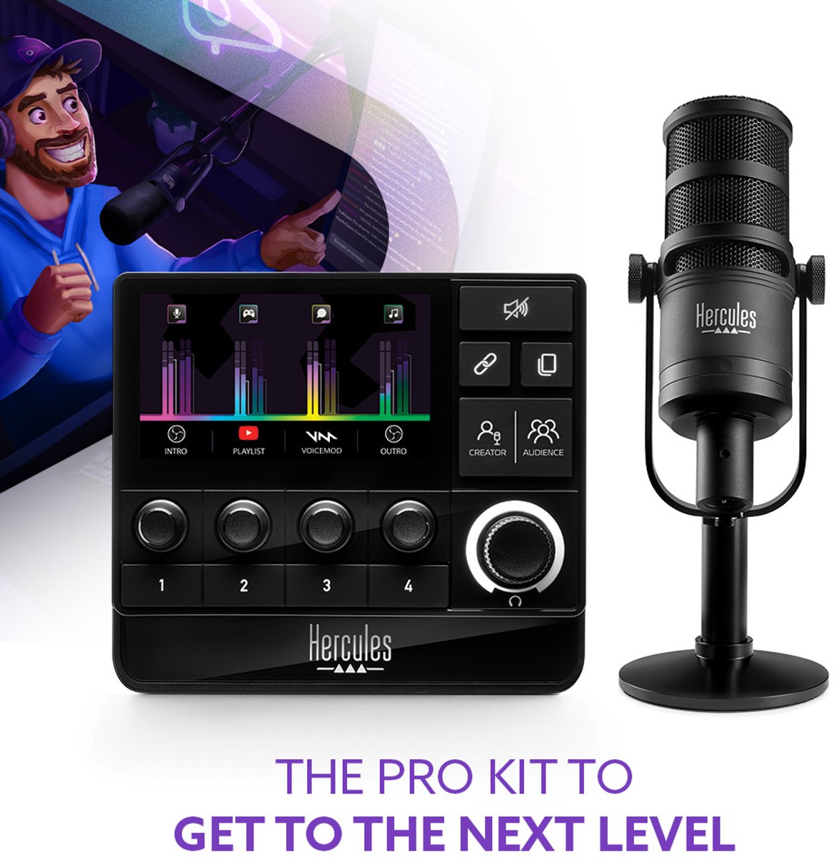 Hercules Stream Essentials Kit – Ensemble de streaming professionnel avec contrôleur Stream 200 XLR, micro HXD-700 XLR et 3 mois d'abonnement Voicemod Pro