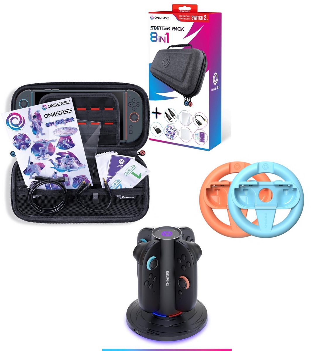 Oniverse Nintendo Switch 2 Pack Gaming Complet – Volant + Pack 8-en-1 + Station de Charge