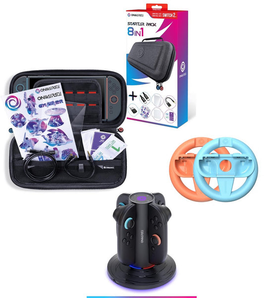 Oniverse Nintendo Switch 2 Pack Gaming Complet – Volant + Pack 8-en-1 + Station de Charge
