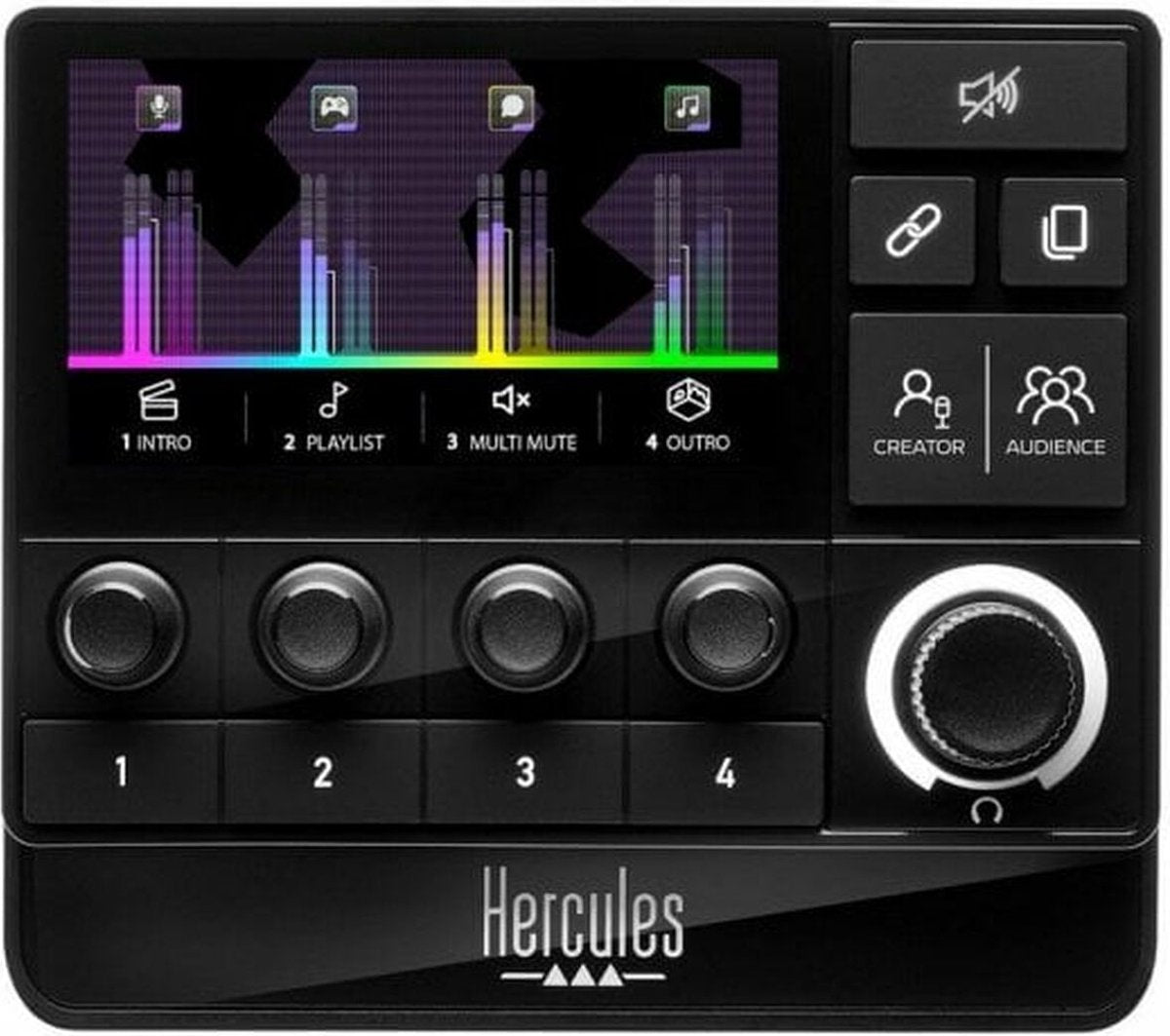 Hercules Stream 200 XLR, Contrôleur audio pro pour la gestion en temps réel des mixes créateur / audience, avec Préamplificateur micro, Écran LCD, Encodeurs haute résolution, 4 boutons d’action