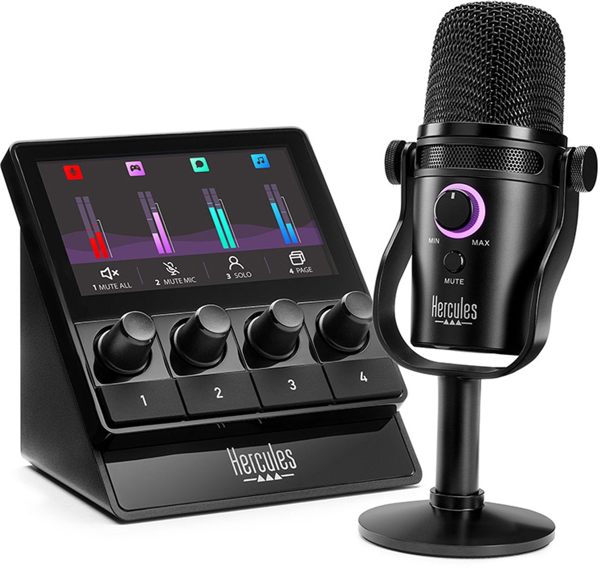Hercules Stream Kit de démarrage – Kit audio pour streaming avec contrôleur Stream 100, micro USB HUD-600 et 3 mois d'abonnement Voicemod Pro