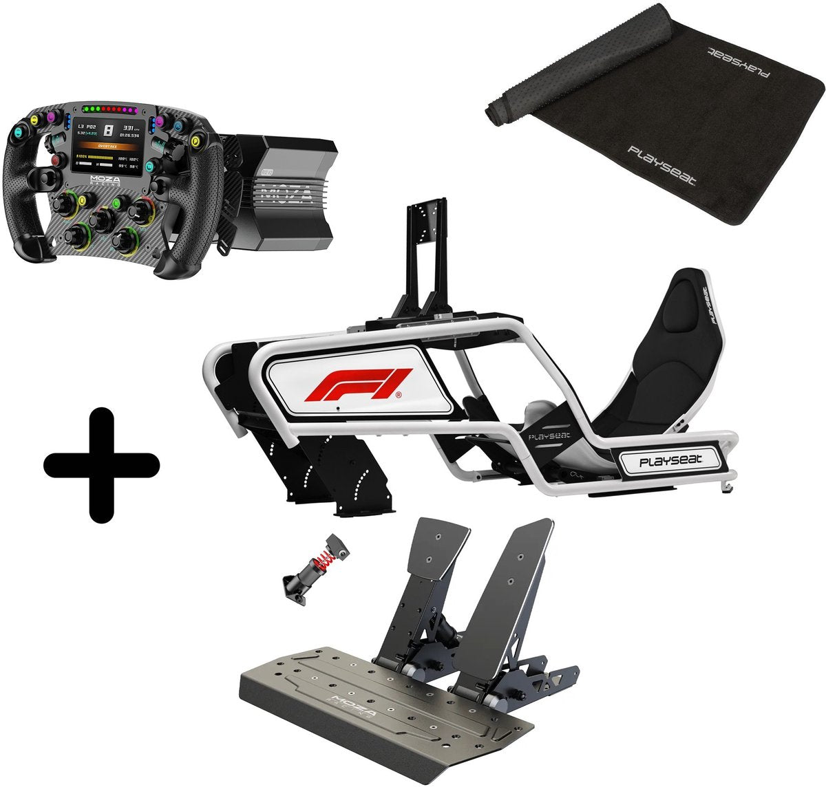 Moza F1 2025 – Pack simulateur de course R12 V2 + Volant FSR2 + Pédales SR-P + Playseat Formula Intelligence F1 Edition + Tapis XL – PC