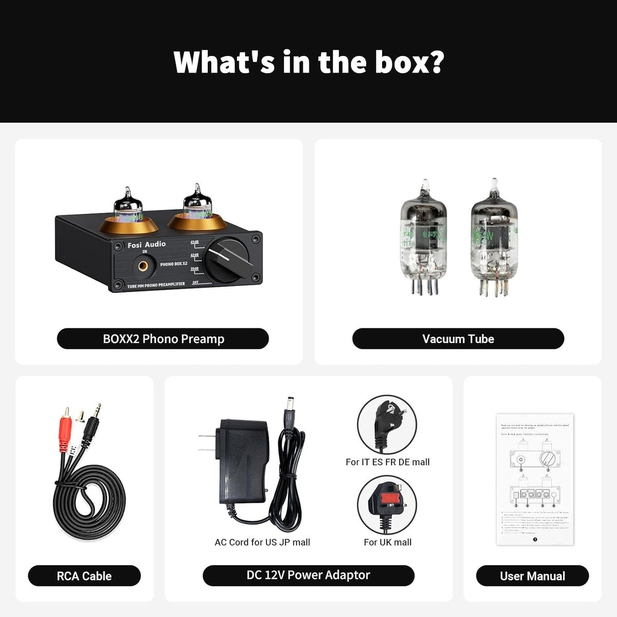 Fosi Audio Box X2 Préamplificateur Phono HiFi à Tubes pour Platine MM avec Bouton Multifonction, Gain Réglable, Entrée AUX 3,5 mm et Sortie RCA