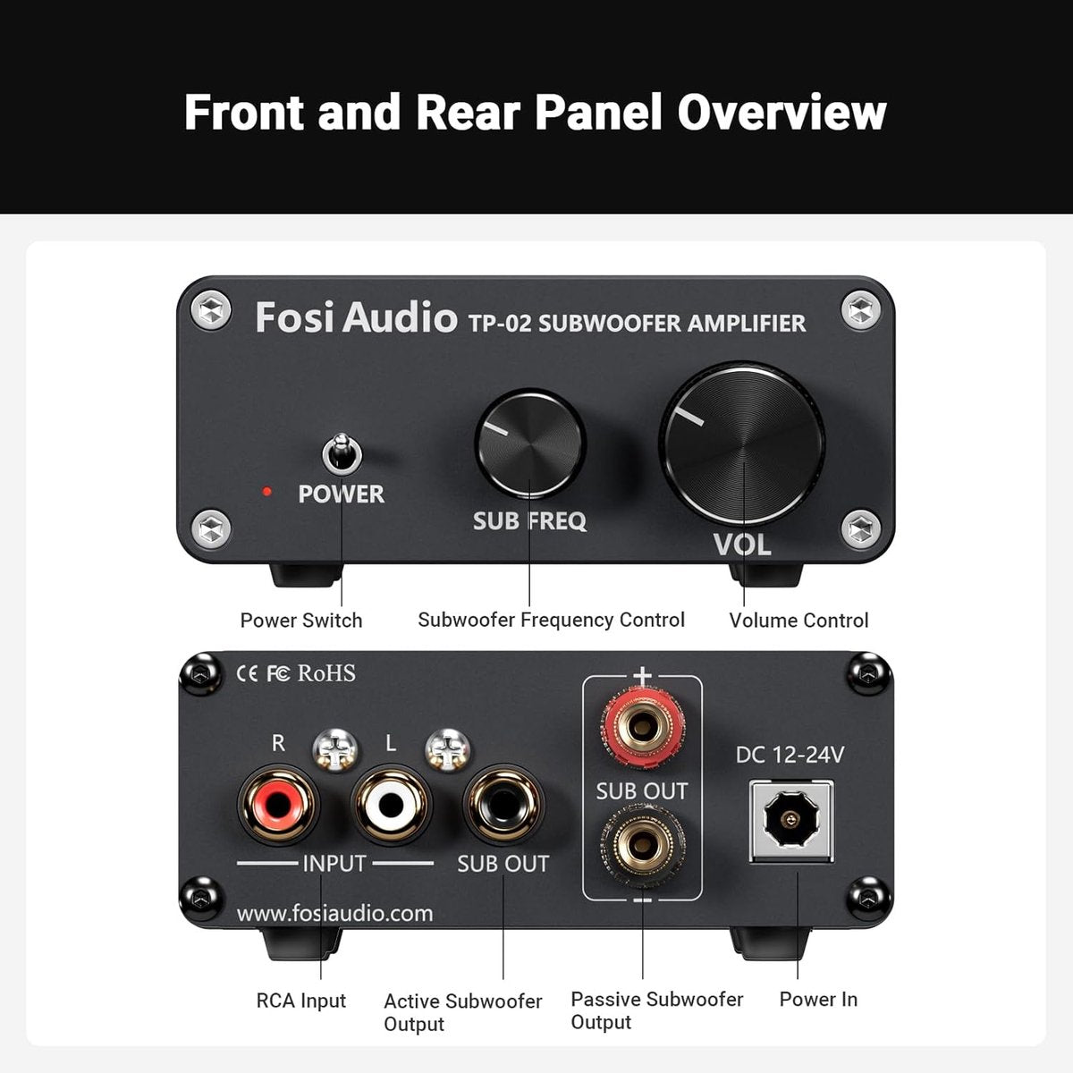 Fosi Audio TP-02 Amplificateur pour Subwoofer – Contrôle de Volume et de Fréquence – Pour Subwoofers Actifs et Passifs, Bass Shakers
