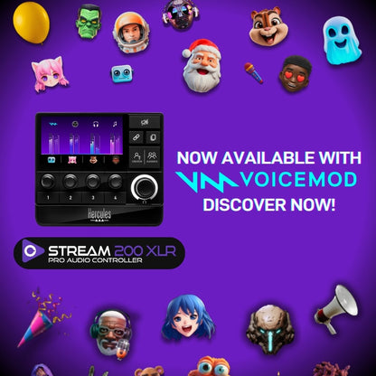 Hercules Stream 200 XLR, Contrôleur audio pro pour la gestion en temps réel des mixes créateur / audience, avec Préamplificateur micro, Écran LCD, Encodeurs haute résolution, 4 boutons d’action