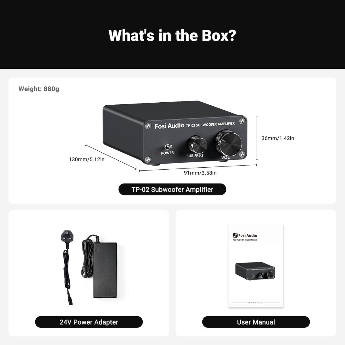 Fosi Audio TP-02 Amplificateur pour Subwoofer – Contrôle de Volume et de Fréquence – Pour Subwoofers Actifs et Passifs, Bass Shakers