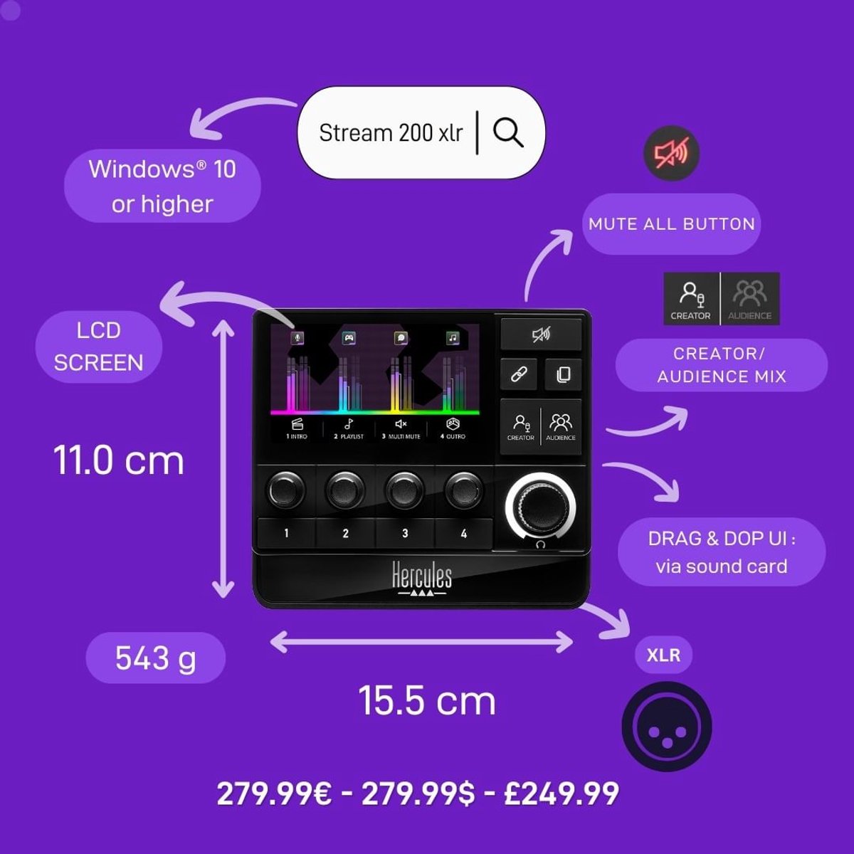 Hercules Stream 200 XLR, Contrôleur audio pro pour la gestion en temps réel des mixes créateur / audience, avec Préamplificateur micro, Écran LCD, Encodeurs haute résolution, 4 boutons d’action