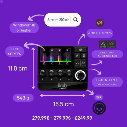 Hercules Stream 200 XLR, Contrôleur audio pro pour la gestion en temps réel des mixes créateur / audience, avec Préamplificateur micro, Écran LCD, Encodeurs haute résolution, 4 boutons d’action