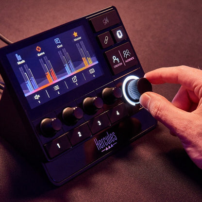 Hercules Stream 200 XLR, Contrôleur audio pro pour la gestion en temps réel des mixes créateur / audience, avec Préamplificateur micro, Écran LCD, Encodeurs haute résolution, 4 boutons d’action