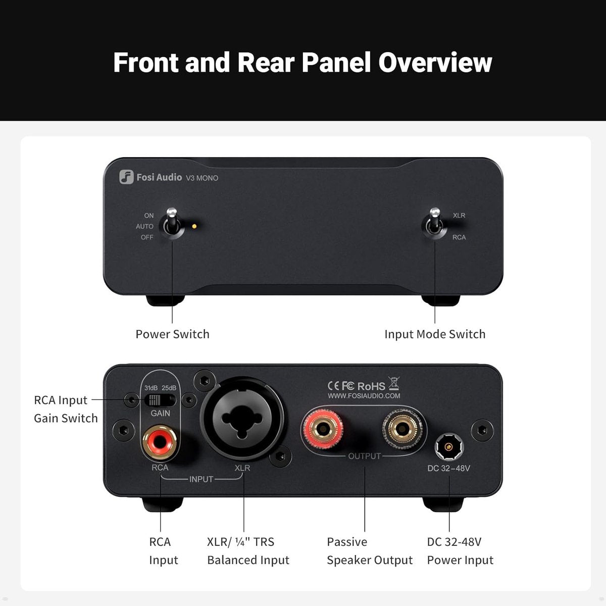 Fosi Audio V3 Amplificateur de Puissance Mono Classe D – 240W – Entrées RCA/XLR Équilibrées – Alimentation 48V 5A Incluse