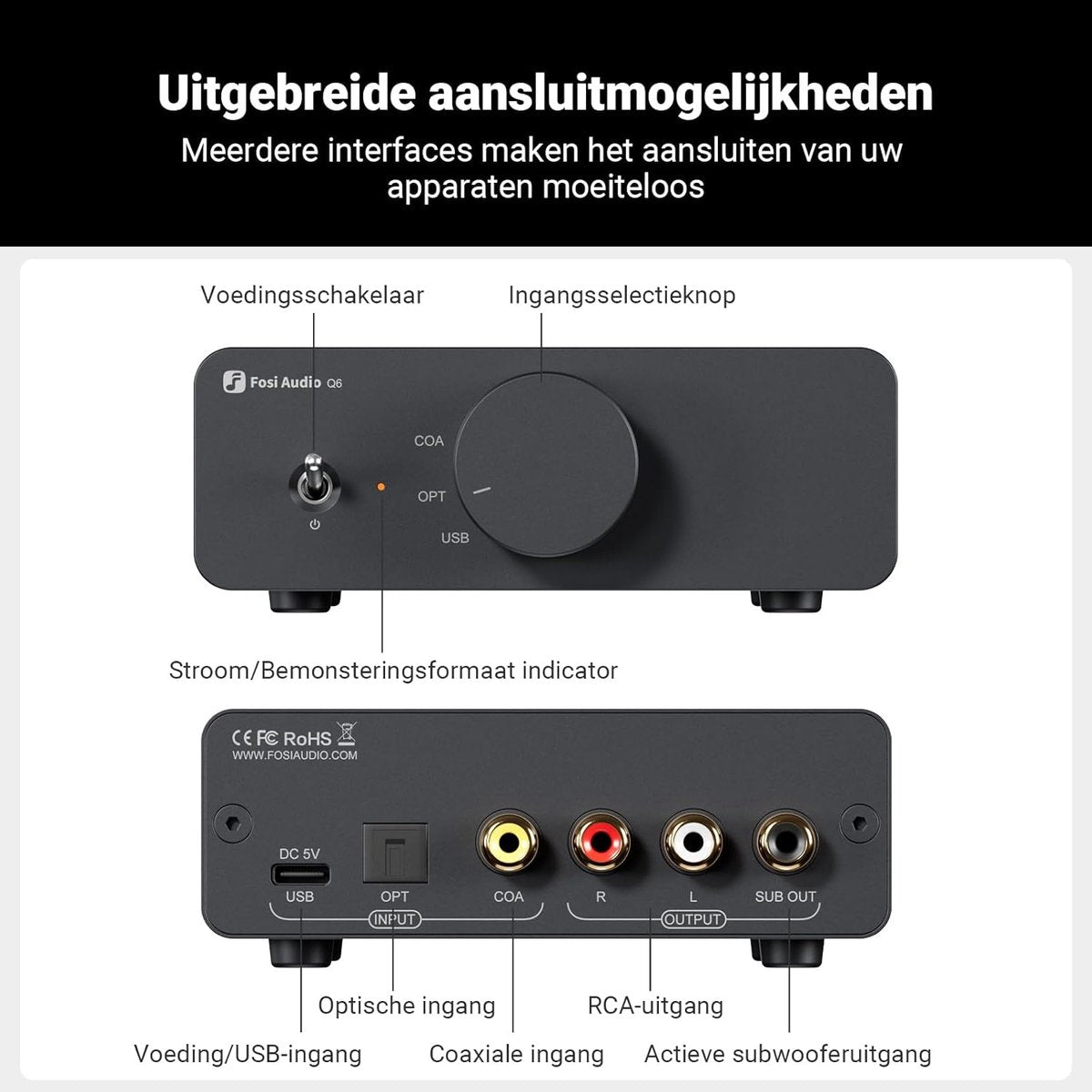 Fosi Audio Q6 DAC de Bureau Mini – Convertisseur Audio Numérique vers Analogique USB-C – Entrée OPT/COA – Sortie RCA + Sub – Hi-Res 32bit/768kHz