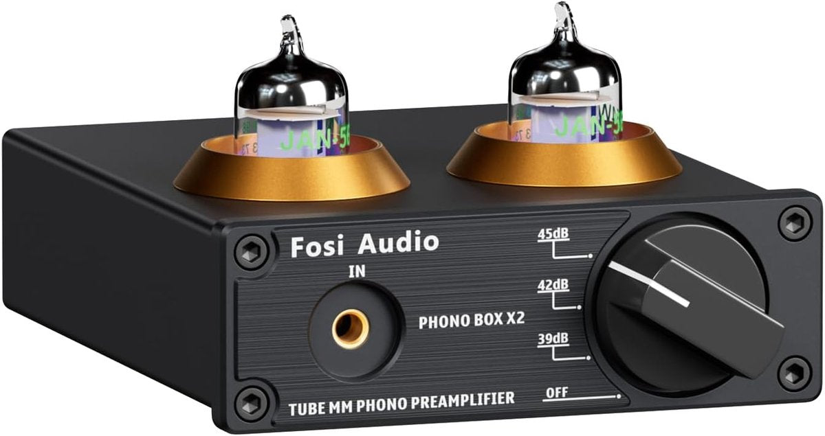 Fosi Audio Box X2 Préamplificateur Phono HiFi à Tubes pour Platine MM avec Bouton Multifonction, Gain Réglable, Entrée AUX 3,5 mm et Sortie RCA