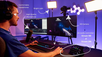 Hercules Stream Essentials Kit – Ensemble de streaming professionnel avec contrôleur Stream 200 XLR, micro HXD-700 XLR et 3 mois d'abonnement Voicemod Pro