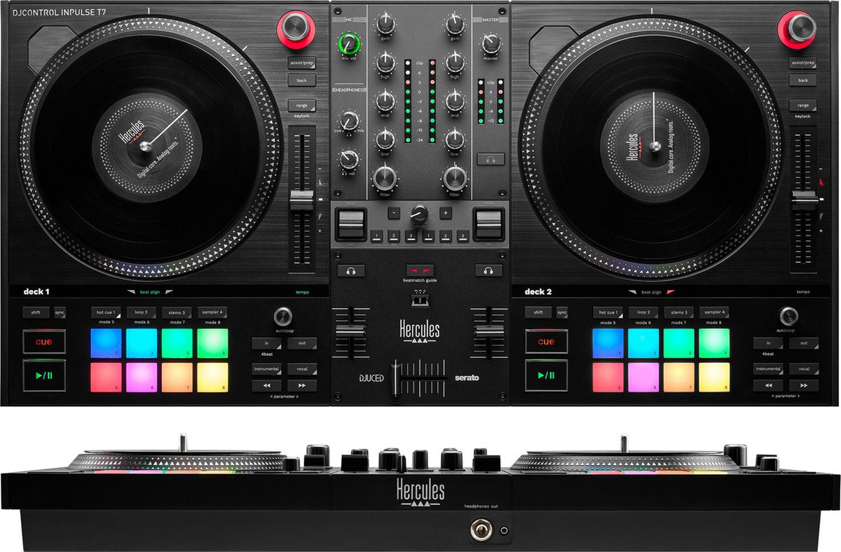 Hercules DJControl Inpulse T7, contrôleur DJ motorisé noir avec deux platines