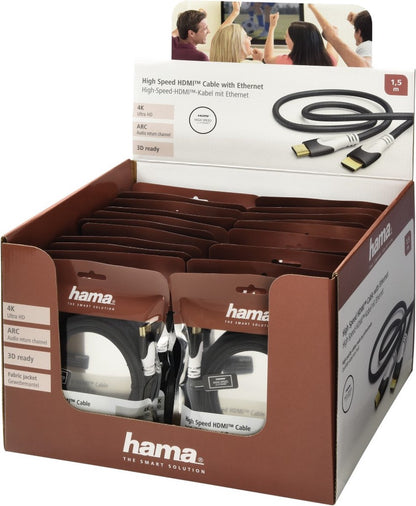 Hama Câble HDMI™ haute vitesse, mâle-mâle, Ethernet, tissu, plaqué or, noir, 1,5 m