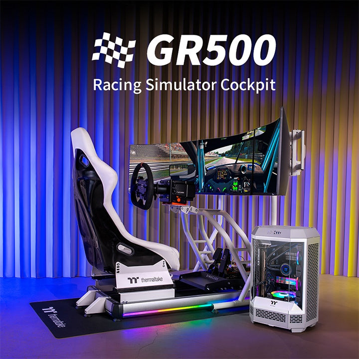 Thermaltake GR500 Snow – Cockpit de simulation de course – Châssis en acier blanc – Siège baquet réglable – Compatible PC / PS / Xbox