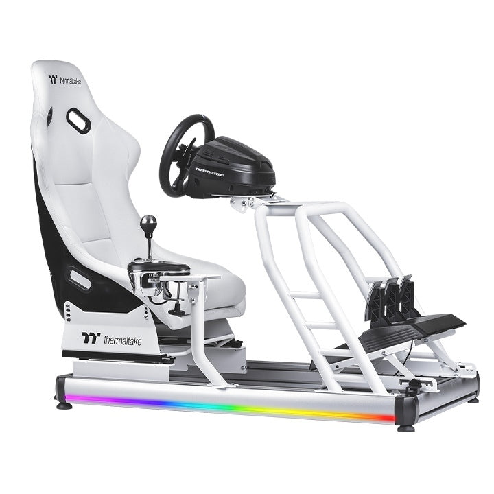 Thermaltake GR500 Snow – Cockpit de simulation de course – Châssis en acier blanc – Siège baquet réglable – Compatible PC / PS / Xbox