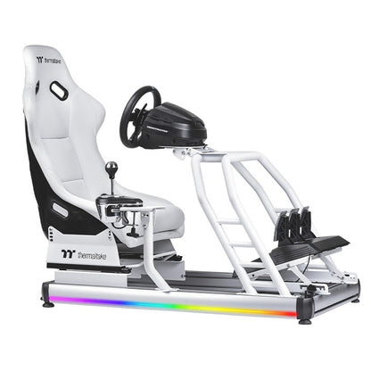 Thermaltake GR500 Snow – Cockpit de simulation de course – Châssis en acier blanc – Siège baquet réglable – Compatible PC / PS / Xbox