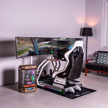Thermaltake GR500 Snow – Cockpit de simulation de course – Châssis en acier blanc – Siège baquet réglable – Compatible PC / PS / Xbox